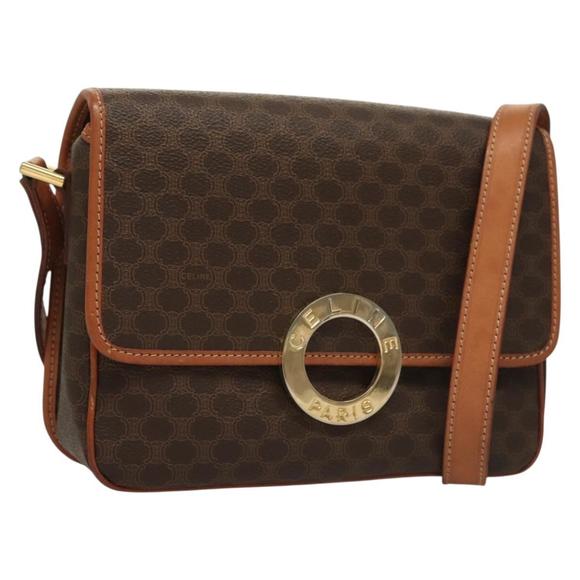 CELINE Macadam Canvas Shoulder Bag PVC Leather Brown Gold Auth 136068 - Picture 1 of 16